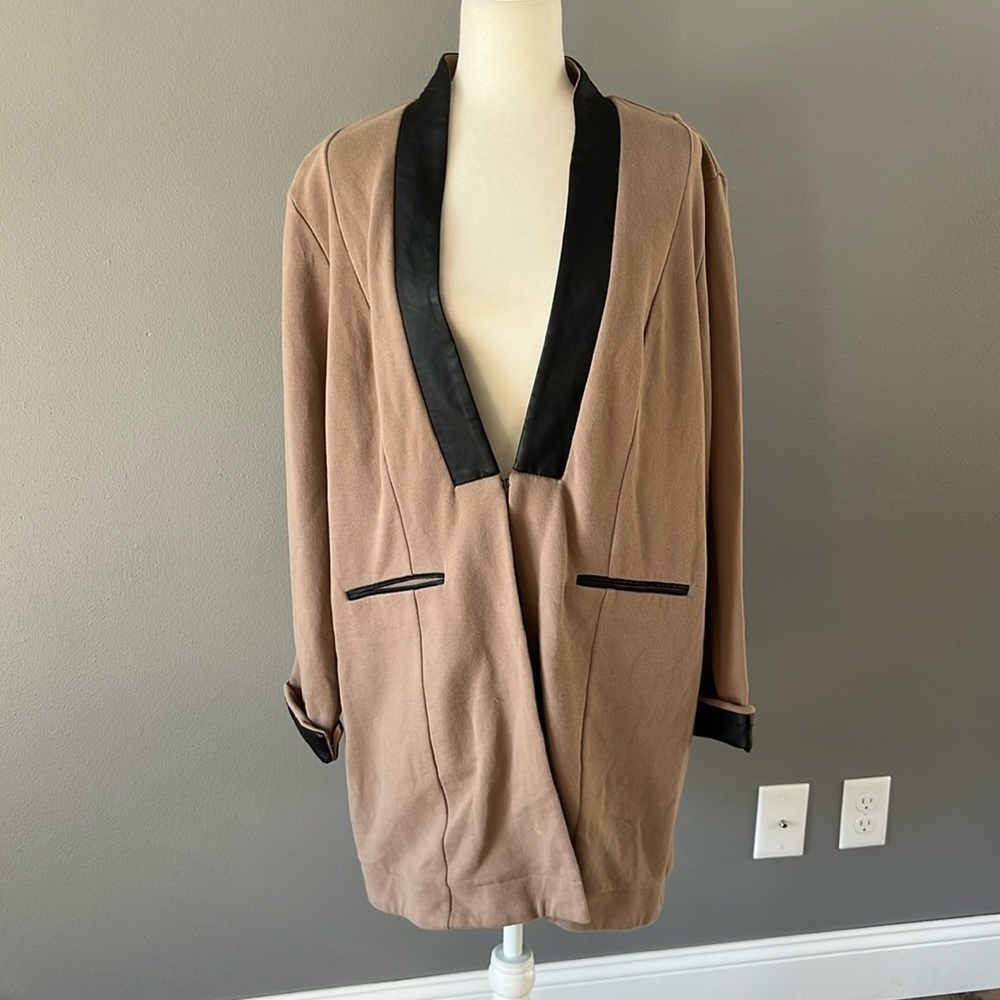 Soft Surroundings Long Tan Knit Blazer Hook Closure and Faux Leather Trim